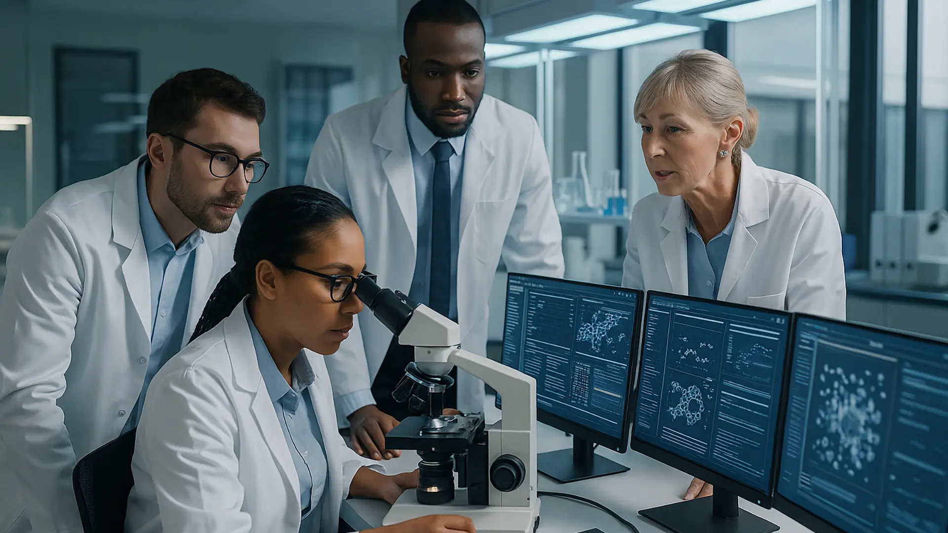 Research team collaborating in modern laboratory